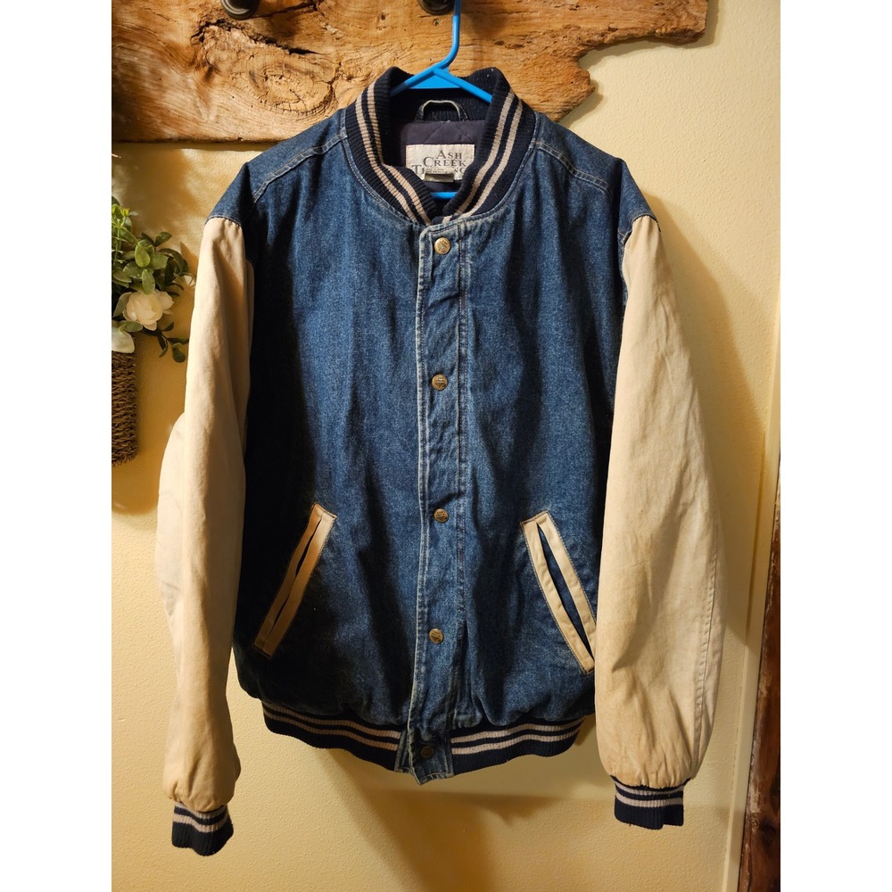 Ash Creek Trading Denim Varsity Jacket Blue Tan Canvas Sleeve Bomber Mens Large